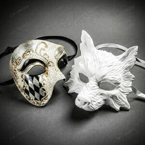 Venetian Harlequin and White Wolf Masquerade Masks White Silver Gold Halloween